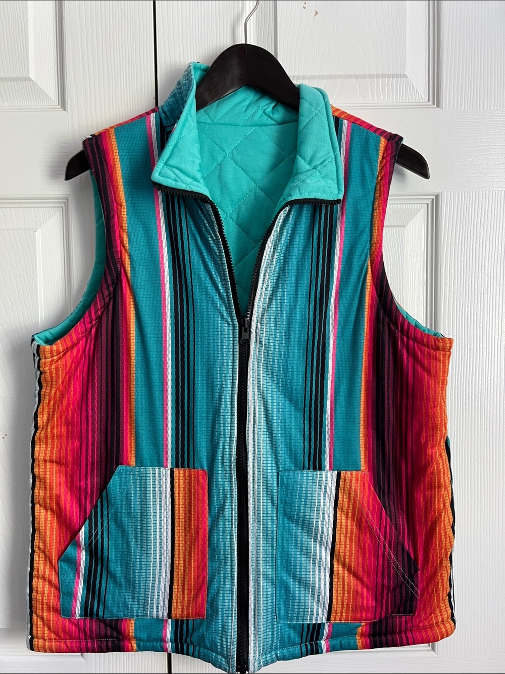 Source Unknown Turquoise, Teal & Pink Striped reversible Quilted Vest